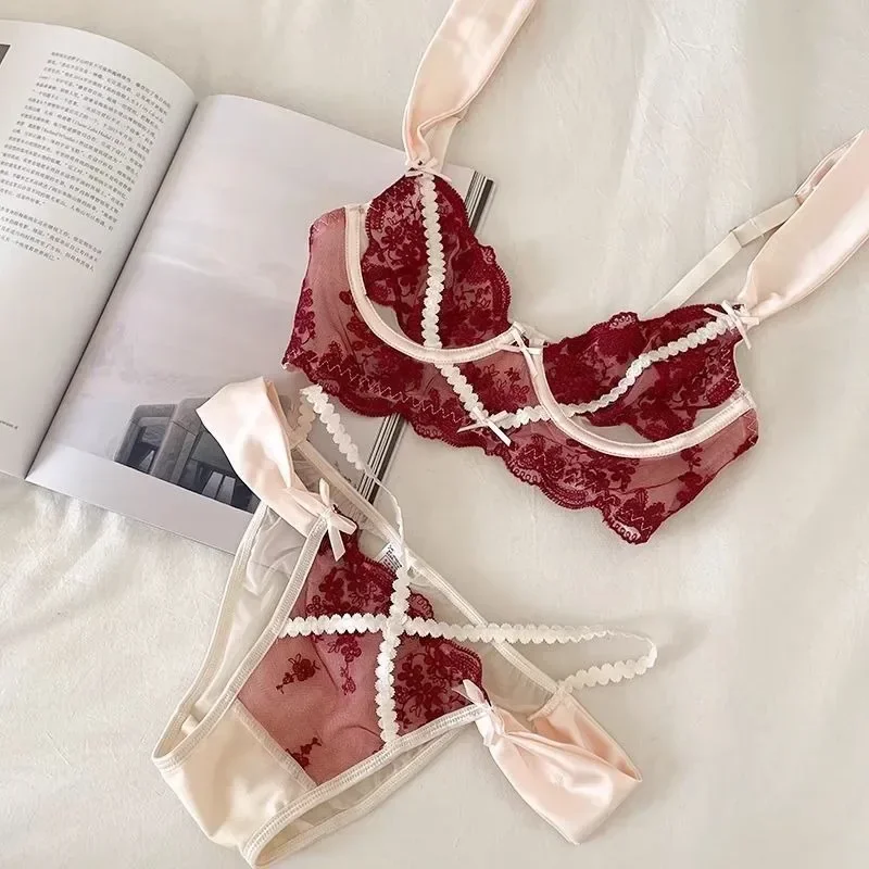 

Sexy Lace Lingerie Push Up Semi-sheer Bra and Panty Sets Gathering Chest Flower Large Steel Ring Pretty Korean Fashion Bra Set