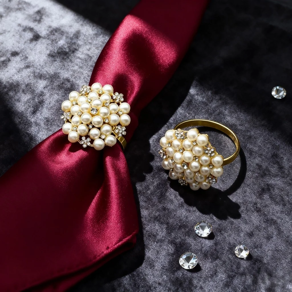 

1Pcs Rhinestone Pearl Napkin Rings Gold Napkin Ring Holders for Christmas Wedding Party Formal or Casual Dinning Table Decor