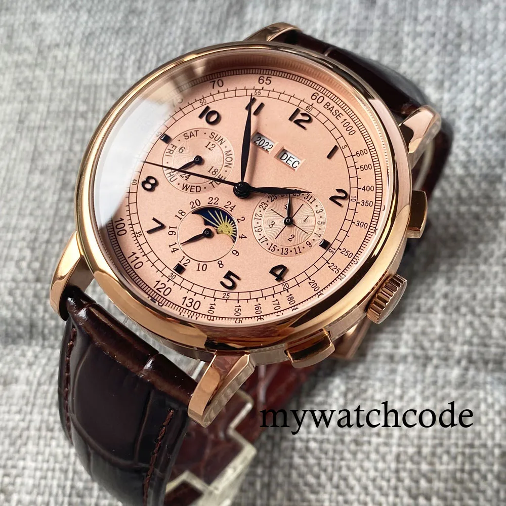Corgeut Grün/Rosa/Weiß/Schwarz/Blau 42 mm multifunktionale ST1655 polierte automatische Herrenarmbanduhr mit Lederarmband 3