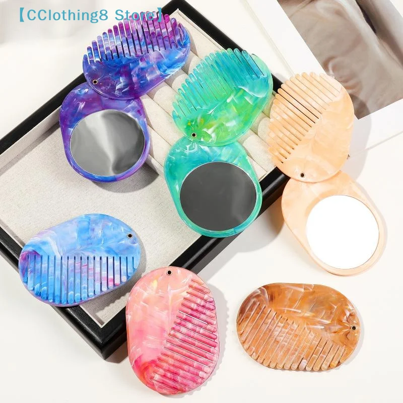 Marble Print Hair Comb Portable With Mirror Foldable Travel Makeup Mirror Acrylic Comb 2 In 1 For Women Hair Accessories【AliS8】