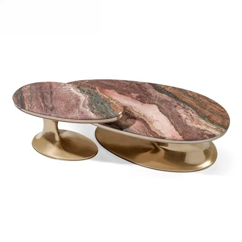Furniture Luxury Style Living Room Stainless Steel Legs Marble Top Oval Combination Coffee Table