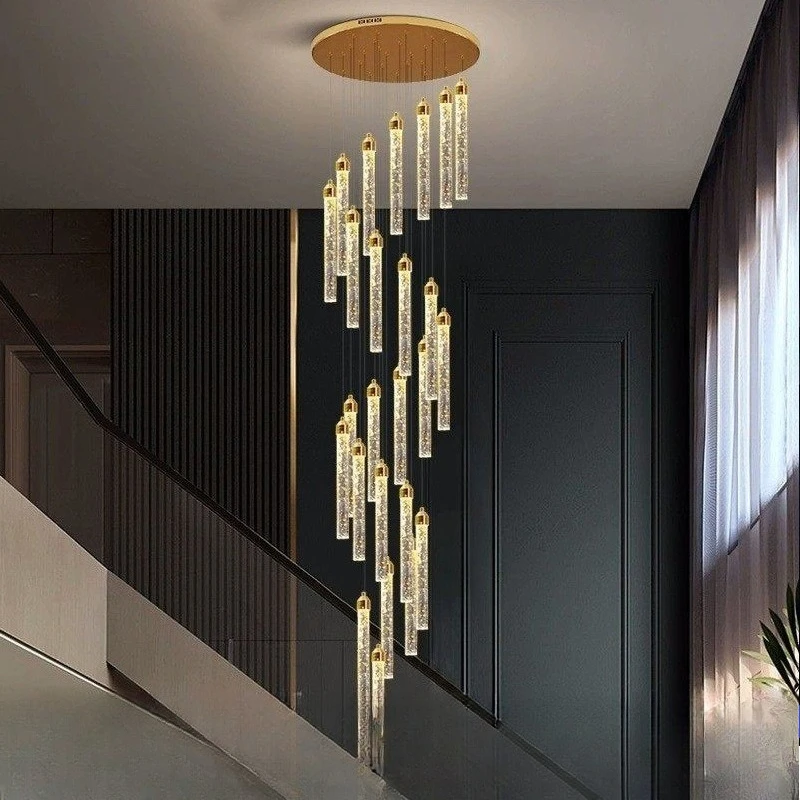 Creative stair chandelier 2026 new self-built house villa hollow height loft rotating crystal living room duplex building