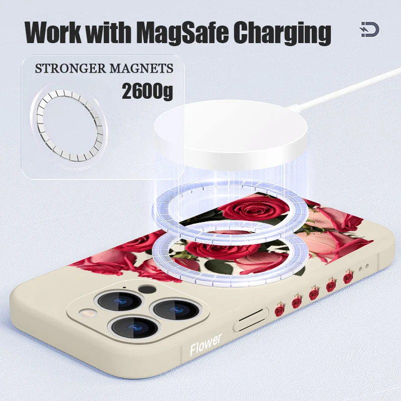 حافظة هاتف مغناطيسية من البولي يوريثان لهاتف آيفون 16E 17 Pro Max Air 16 15 14 Pro 13 12 Pro Max 11 غطاء حبل ناعم بنمط زهور الورد الأحمر #4