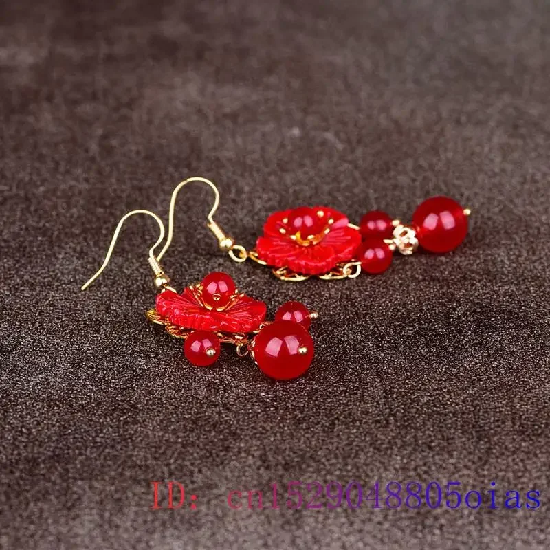 Red Jade Flower Earrings Jewelry Zircon Gemstone Amulet Natural Crystal Women Fashion Gifts Chalcedony 925 Silver Charm