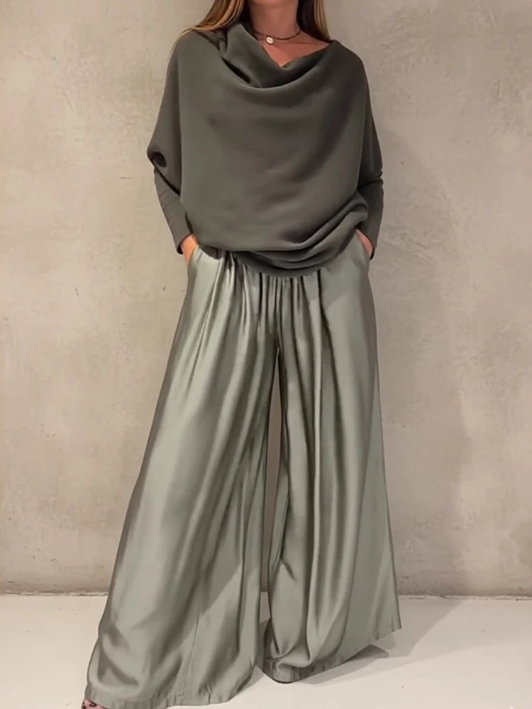 Women Streetwear Two-Piece Sets Loose Slash Neck Pullover Top with Wide Leg Pants Simple Patchwork Casual Outfit Spring Autumn