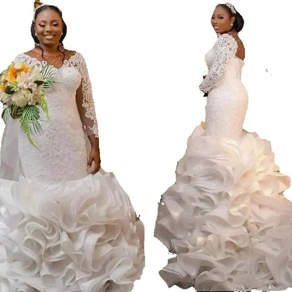 

Customized Nigerian African Mermaid Wedding Dress Plus Size Ruffles Cathedral Train Lace Long Sleeve Illusion Back Bridal Gowns