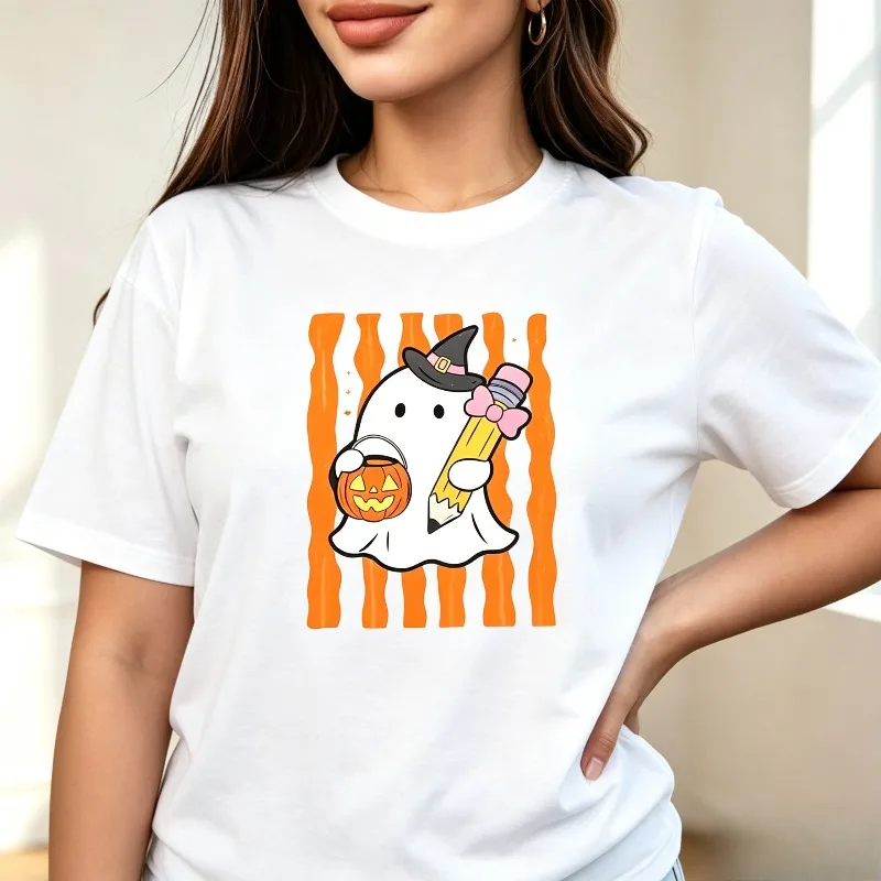 Halloween Ghost Pencil T Shirt Women Pumpkin Modal Tee Casual Short Sleeve Tops Funny Holiday Party Female Gift for Her