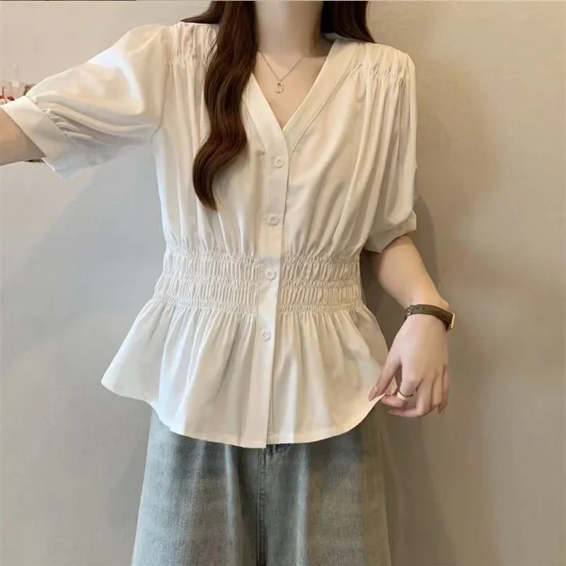 Summer New Tops and Blouses Little A's Clo 2025 Pleated Short Sleeve Shirt Waist Design Skinny Top Large Size Women's Clothing