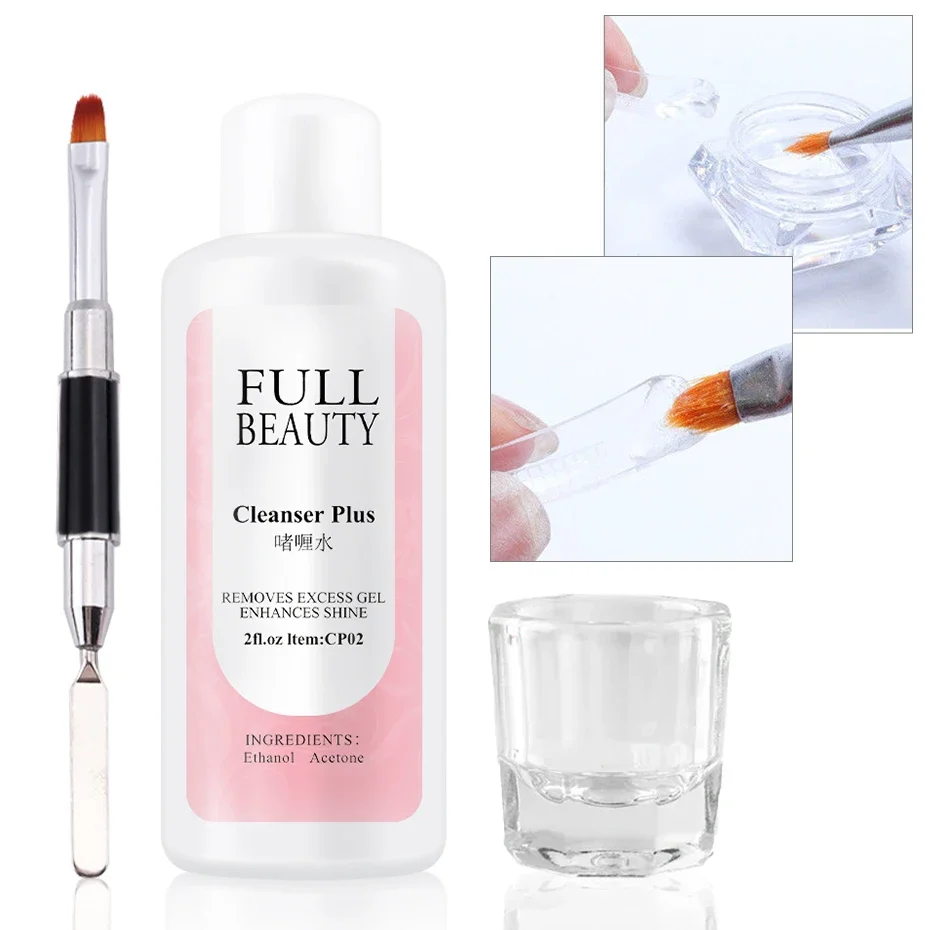 

Clean Nail Degreaser Liquid Set 3pcs Surface Sticky Layer Gel Polish Excess Remover Acetone UV Brush Pen Crystal Cup Nail Tools