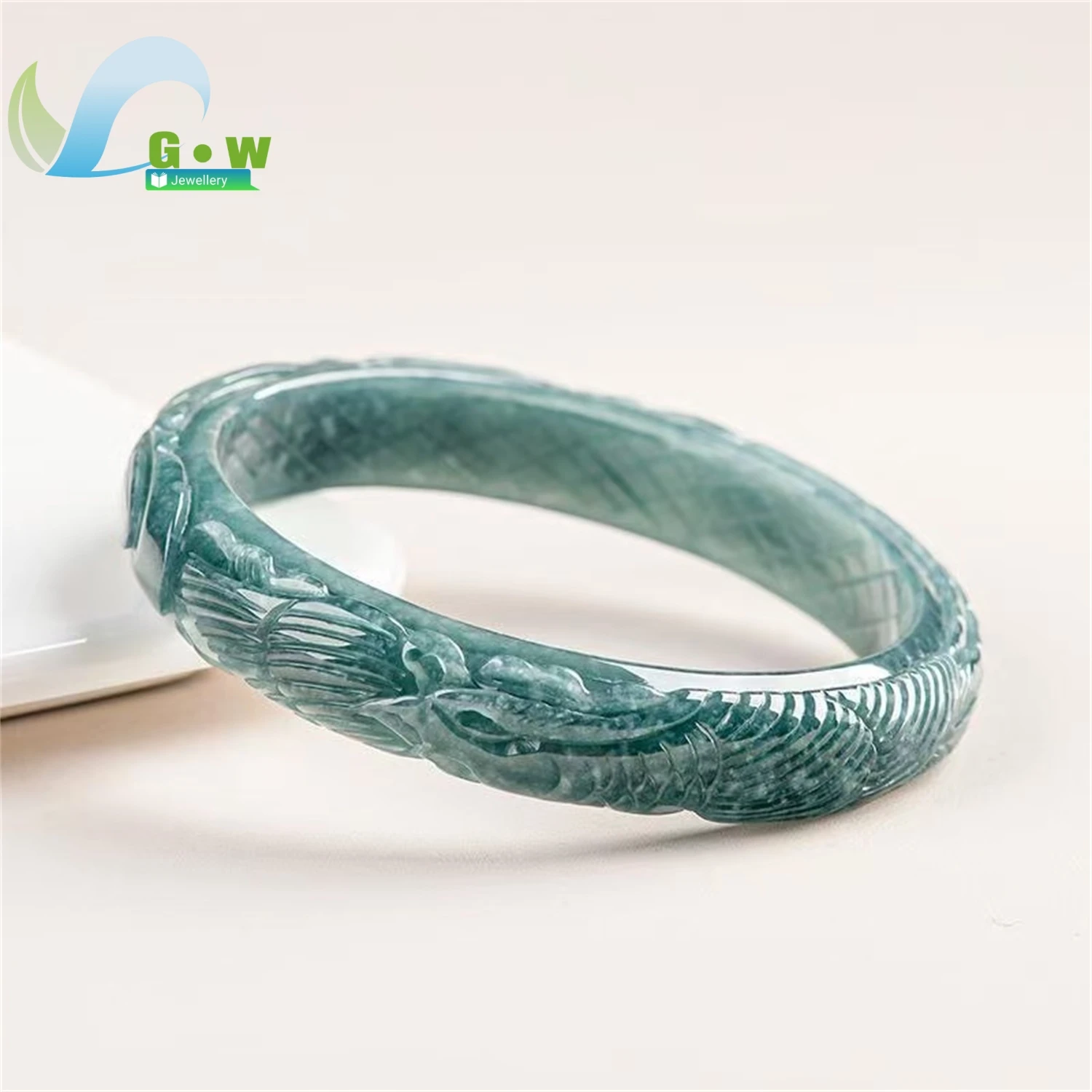 Natural Grade A Blue Water Jadeite Bangle Phoenix 3D Carved Round Wristband Unisex Fine Jewelry Gift Elegant Artisan Lucky