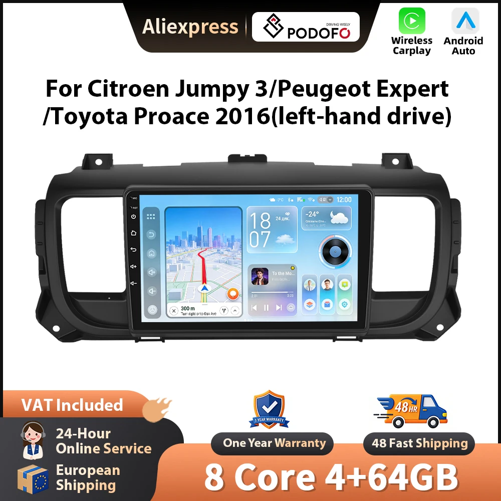 Podofo Kabelloses CarPlay-Radio für Citroen Jumpy 3/Peugeot Expert/Toyota Proace 2016 Android Auto Autoradio GPS FM Stereo WiFi BT