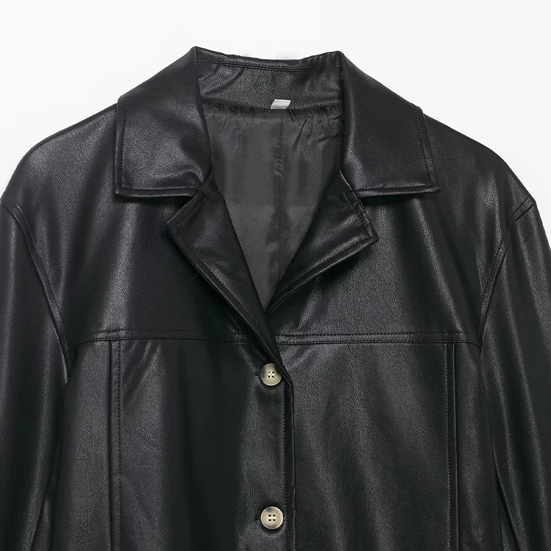 Willshela Damska Moda PU Czarne Jednorzędowe Kurtki Vintage z Klapami Długie Rękawy Eleganckie Stroje Damskie