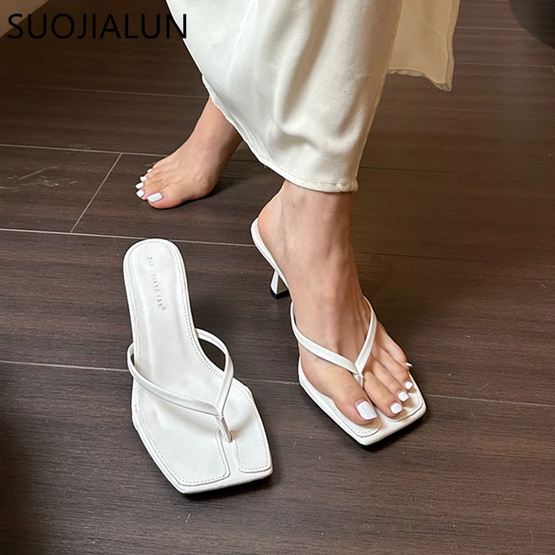 SUOJIALUN 2023 Summer Thin High Heel Women Slipper Fashion Narrow Band Slip On Ladies Flip Flop Outdoor Dress Sandal Slides Shoe