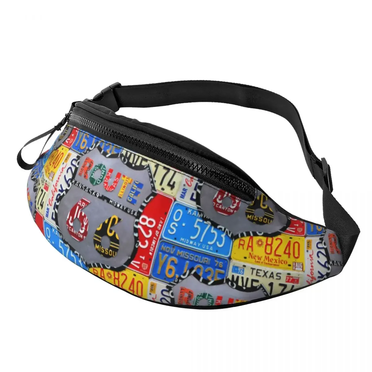 Fashion Route 66. License Plate Art Fanny Pack for Cycling Camping Men Women American Road Crossbody Waist Bag Phone Money Pouch