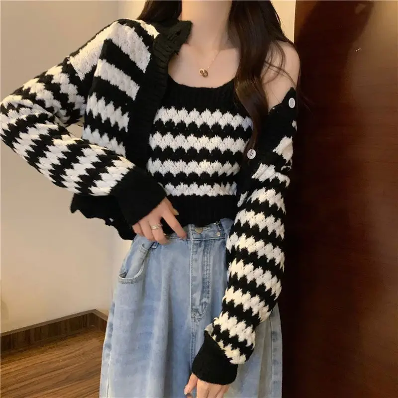 Korean Chic Retro Striped Knitted Cardigan Cropped Sweater Suspender Camis Suit Two-piece Set Button Tops Casual Casaco Feminino