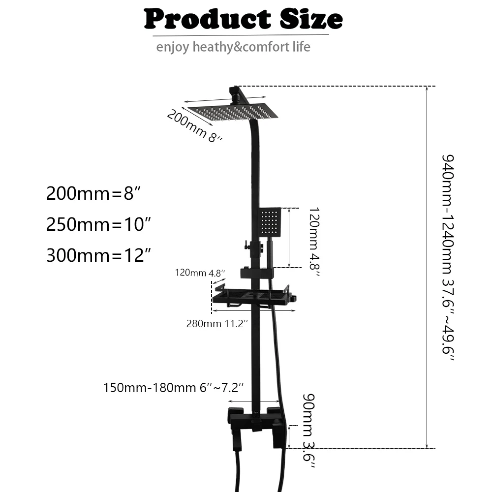 KEMAIDI Black 3way Shower Faucet Rainfall Shower Systerm Hot Cold Water Mixer Faucets Commodity Shelf For Bathroom Shower Mixer