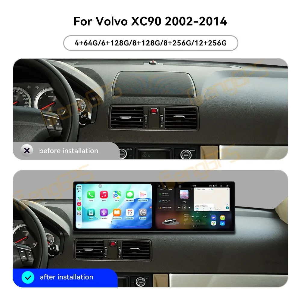 Dual Screen 10.1 Inch Android 15 CarPlay Car Radio For Volvo XC90 2002-2014 Touch Screen Multimedia Player GPS Navigation DSP
