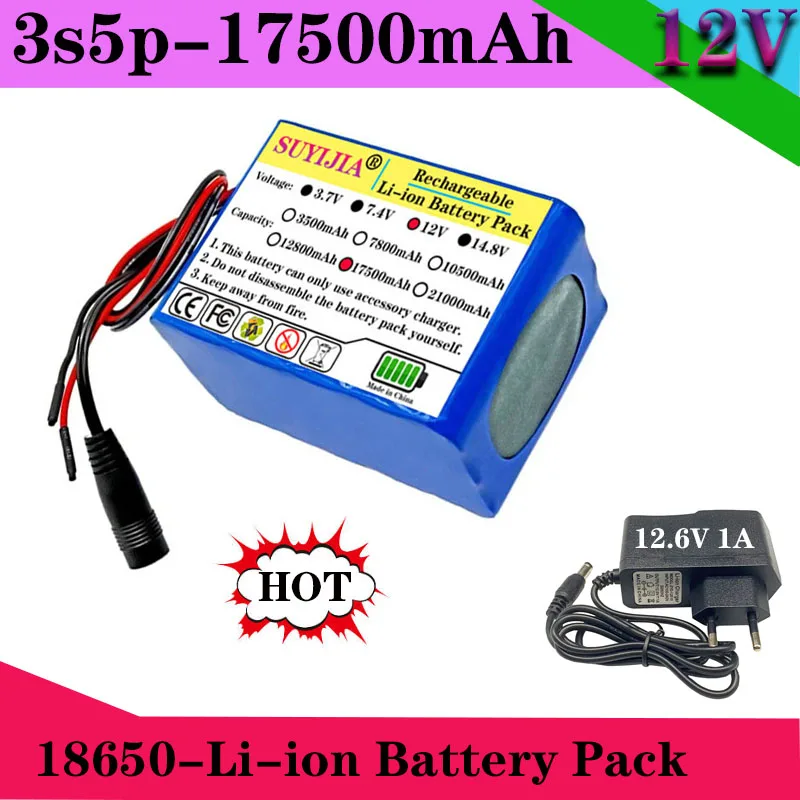 

12 В 17,5 Ач 18650 литиевый аккумулятор 3S5P с зарядным устройством BMS 12,6 В для рыбацкого велосипеда, аккумулятор большой емкости