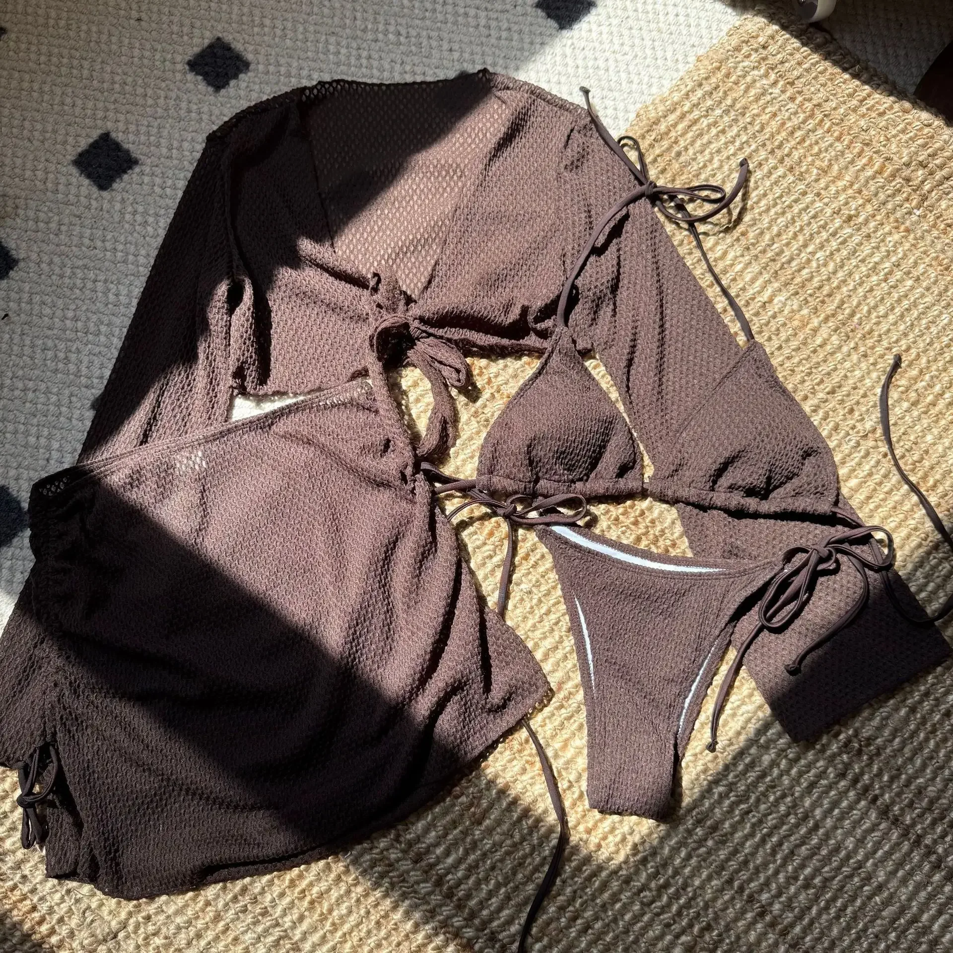 Sommerurlaub 4-teiliges Bikini-Set 2025 Damen Sexy Solid Langarm Cover Up und Rock Badeanzug Strand Badeanzug Pool Bademode