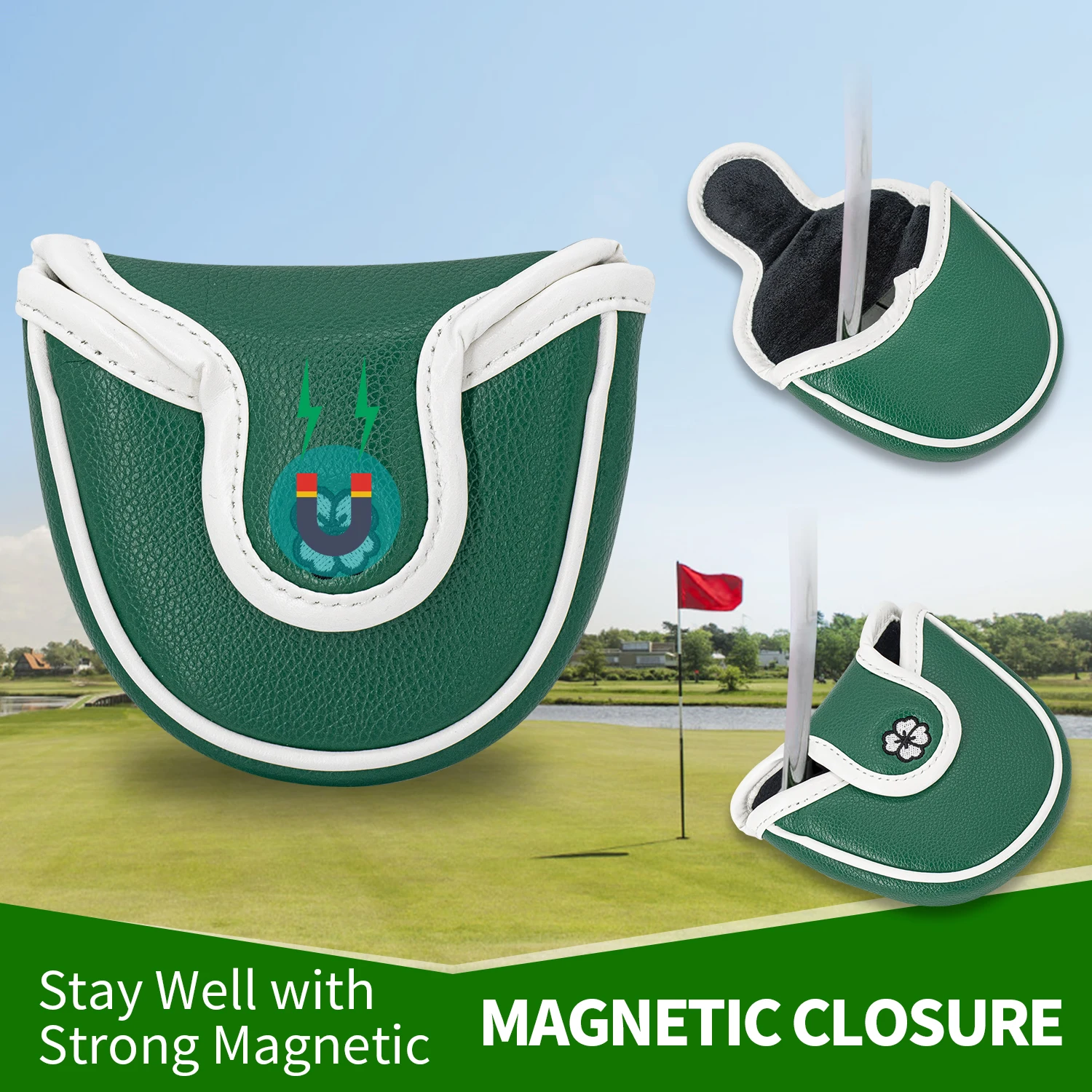 قطعة واحدة من الغطاء الواقي للجولف، غطاء وضع الجولف، تصميم تطريز البرسيم، أنيق ومتين، إغلاق مغناطيسي