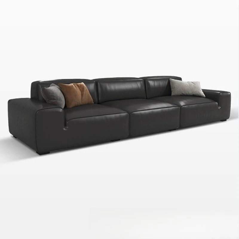 

Italian minimalist large black cow leather sofa modern living room size apartment first layer sofa
