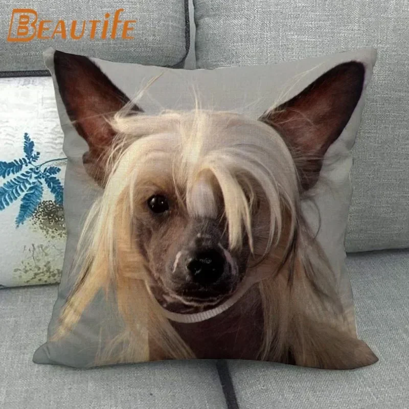 Custom Chinese Crested Dog Pillowcase 45X45cm Wedding Decorative Eco-Friendly Cotton Linen Fabric Pillow Case