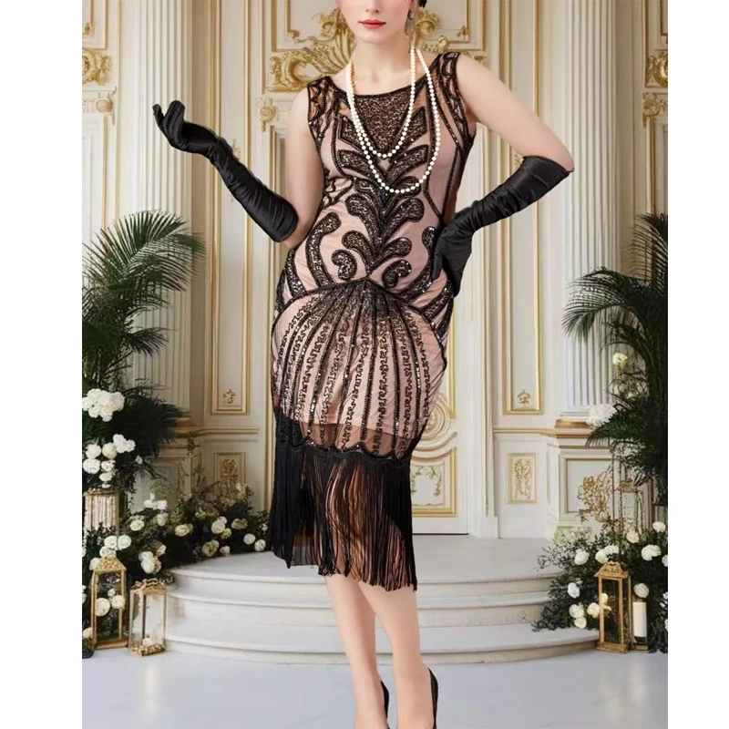 

Women's 1920s Flapper Dress Gatsby Long Evening Prom Sequin Party Dress Vintage Art Deco Beaded Fringe Dress