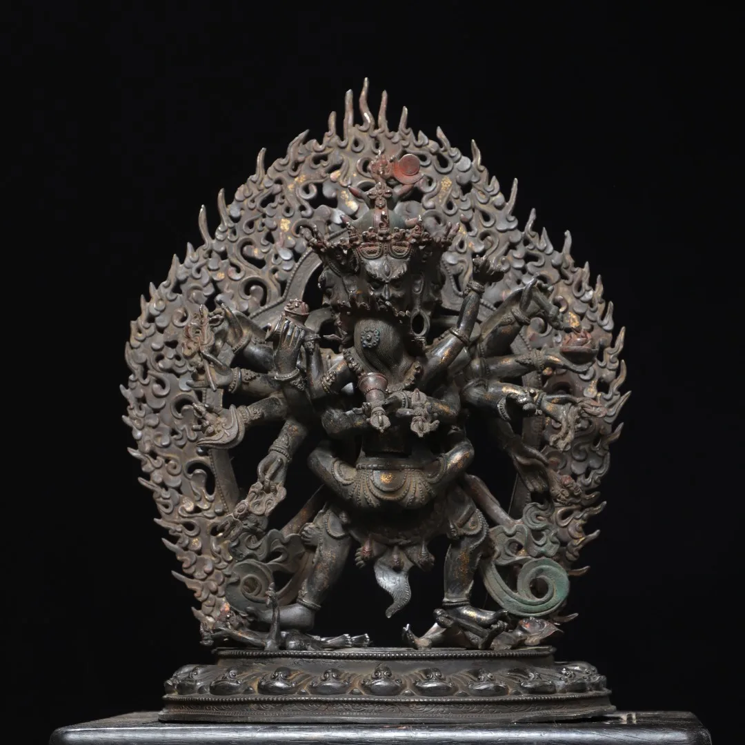 Old Bronze Gilded Cinnabar Mahakala Buddha Chakrasamvara Backlight Standing  Buddha Lotus Throne Worship Hall Town house