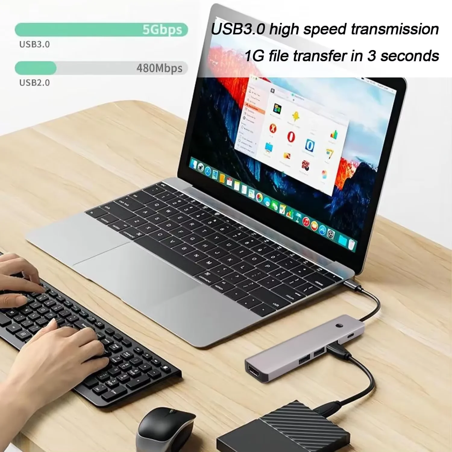 5 in 1 Type C To 4K HDMI Hub PD100W Fast Charge USB 3.0 Dock Station With Screen-on/Off Button For Macbook Notebook Computer