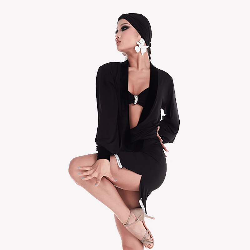 

2025 Women Latin Dance Performance Costumes Black V-neck Long Sleeve Dress Samba Chacha Female Latin Dance Clothes Wear DN20575