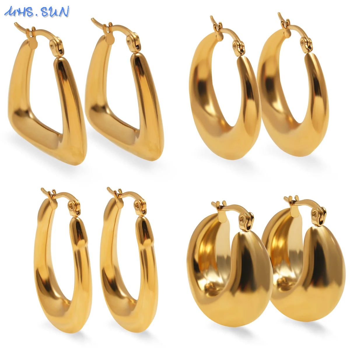 

MHS.SUN New Arrival Gold Plated Chunky Hoop Earrings Circle Stainless Steel Thick Statement Party Jewelry For Women Girls 1Pair