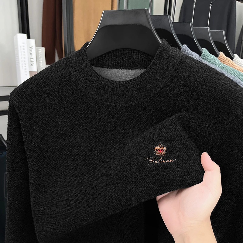 

Мужской плюшевый толстый свитер, осенне-зимний модный однотонный вязаный свитер с вышивкой и полувысоким воротником, мужской топ