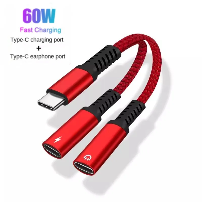 60W Dual USB C Splitter PD Fast Charging CABLE type c Audio Earphone Conversion for iphone 15 Samsung S22  huawei xiaomi