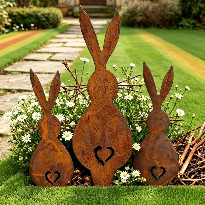 3pcs Rustic Metal Bunny Garden Stakes Weathered Silhouette Yard Art Decorative Outdoor Ornaments for Lawn and Flower Beds