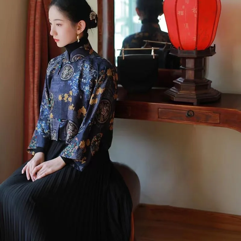 

2024 Fashion Modern Chinese Cheongsam Short Dress Women Qipao Traditional Chinese Clothes Classical Printing Spring Autumn Shirt