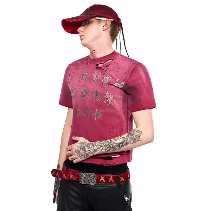 LUZHEN Short Chinese Characters Design Printed Gradient Hollow Out Sleeve T-shirts Men's 2025 Summer Street Casual Tops JY7535