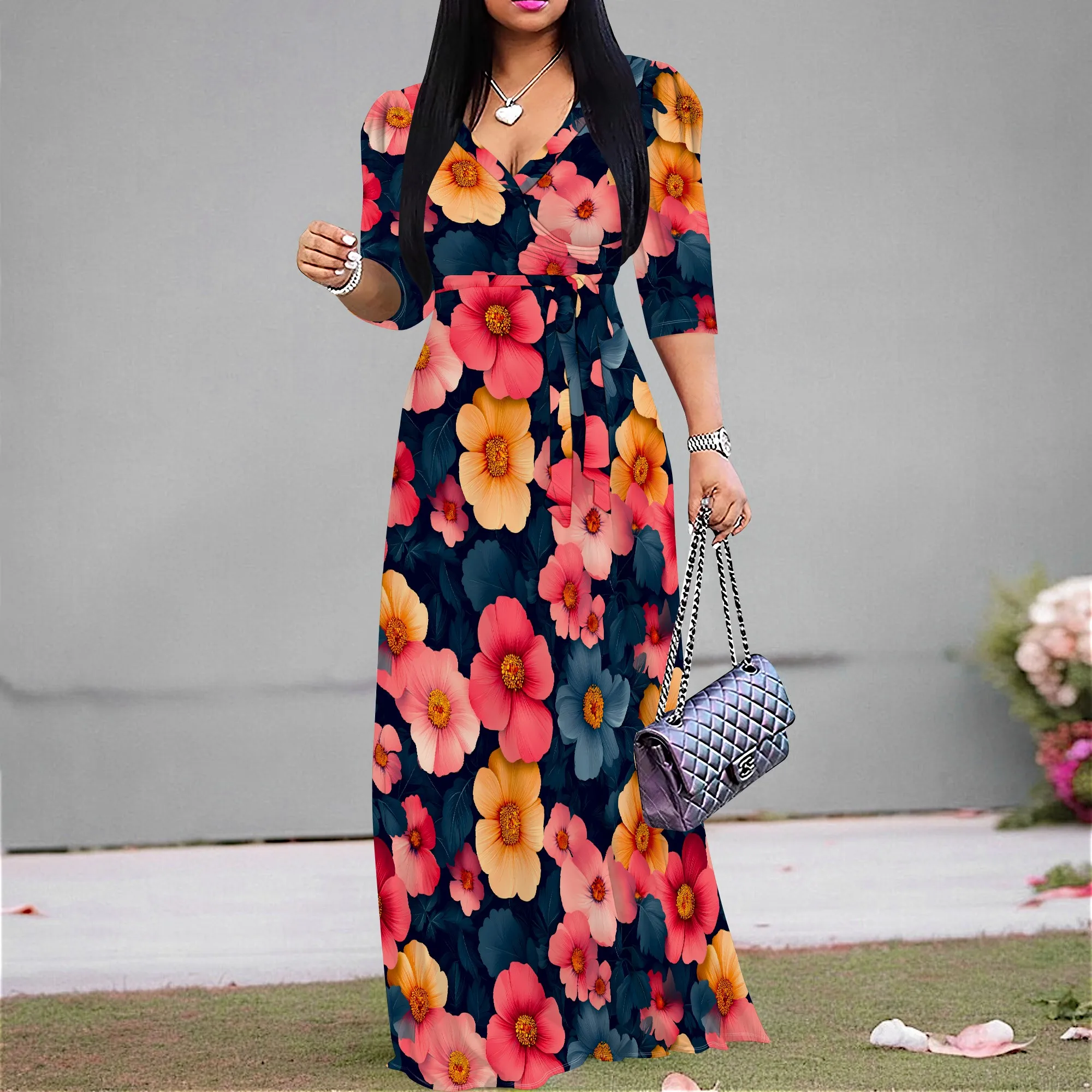 

Women's Light Grey Floral Wrap Maxi Dress Flowy Spring Elegant Chic