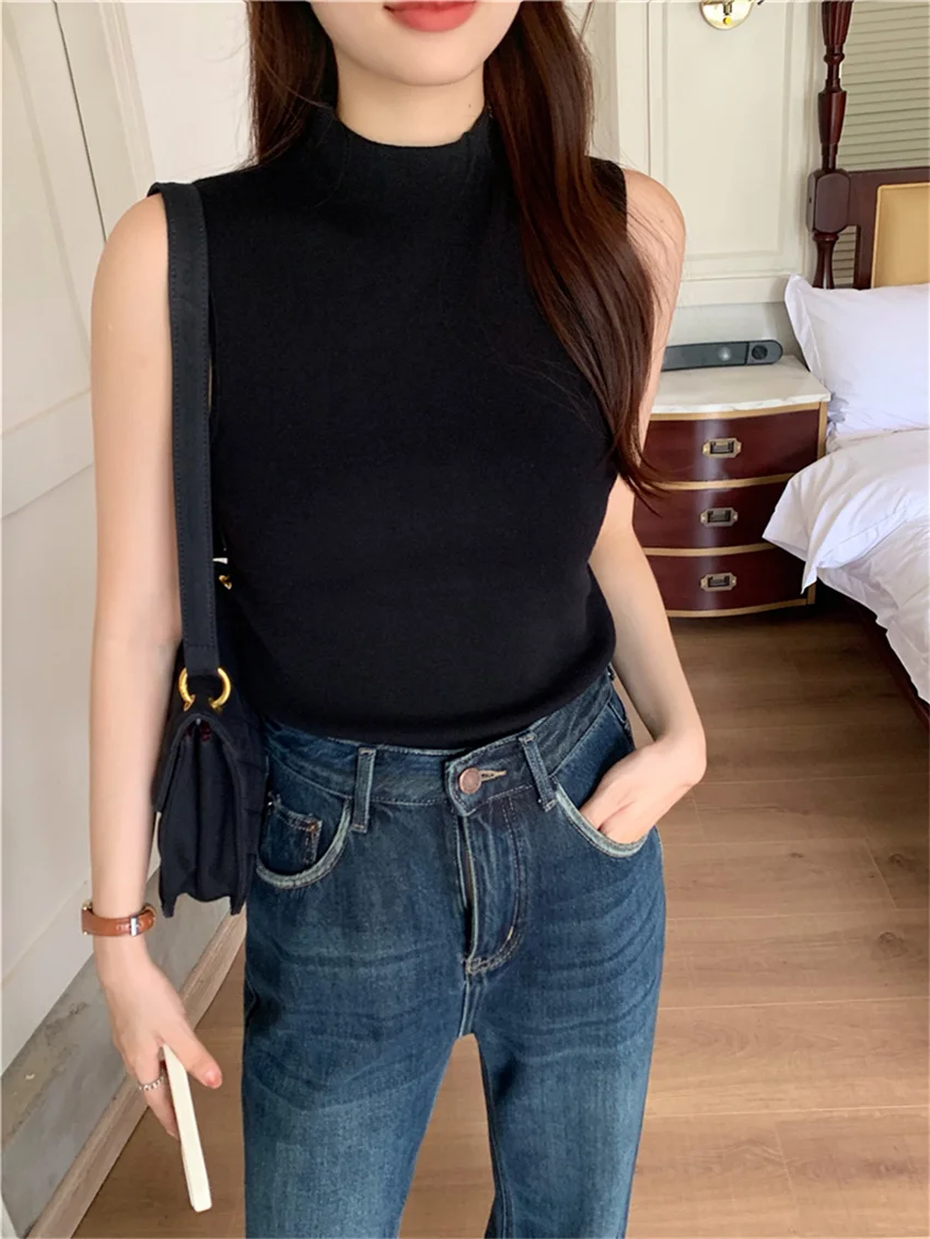 Arazooyi Bottoming Sweaters OL Sleeveless Mock Neck Slim-Fit All Match Autumn 2023 High Street Skinny Knitted Chic New