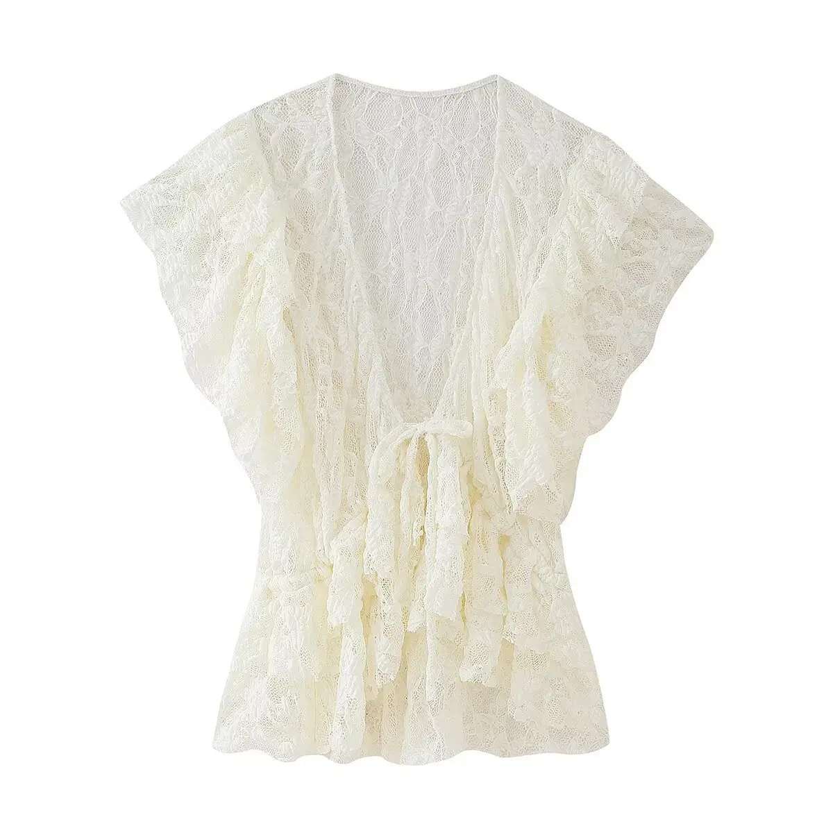 

Women's Lace Ruffled Tops V-neck Raglan Sleeves Waist Tie Slim Hem Shirt Spring Summer New Casual Slim Versatile Chic Tops