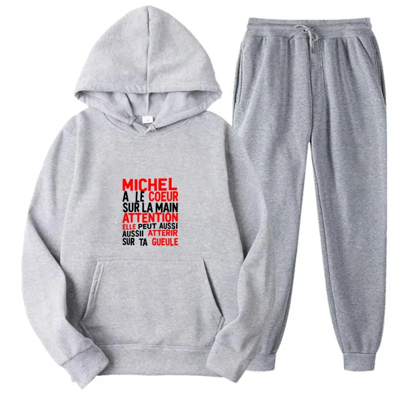 Gray Hoodie Set Printed Pattern Michel A Le Coeur Sur La Main Attention Text Design
