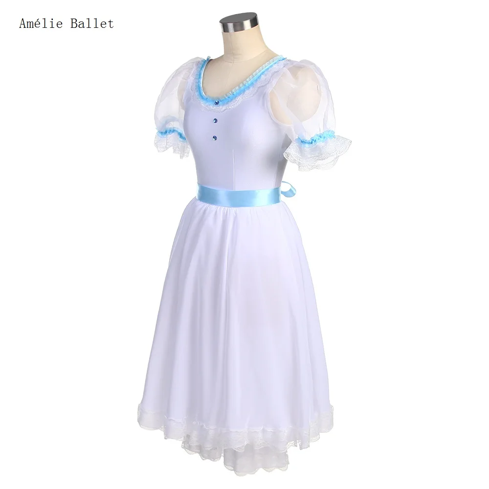 23150 Tiulowe spódniczki baletowe z bufiastymi rękawami dla dziewczynek, biały spódniczka baletowa z elastycznego materiału spandex z niebieską wstążką w talii, romantyczna spódniczka tutu.