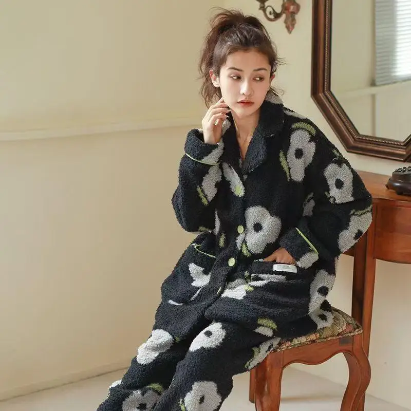 امرأة الشتاء Pj مجموعة منامة دعوى الطباعة رشاقته الفانيلا Homewear يمكن ارتداؤها كملابس خارجية المرجان الصوف الدفء ملابس خاصة دعوى
