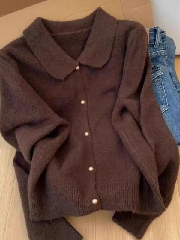 

Soft Cozy Pure Color Knitted Sweater Coat Women's Autumn Winter Turn-down Collar Versatile Outerwear Top American Lazy Retro ...