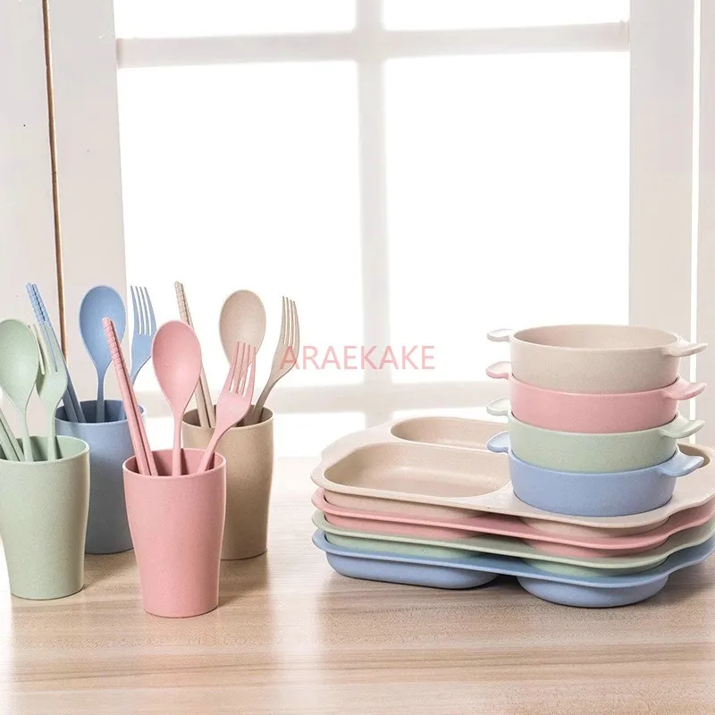 Environmentally friendly wheat fiber plastic wheat straw children's tableware set creative kindergarten student grid plate minim