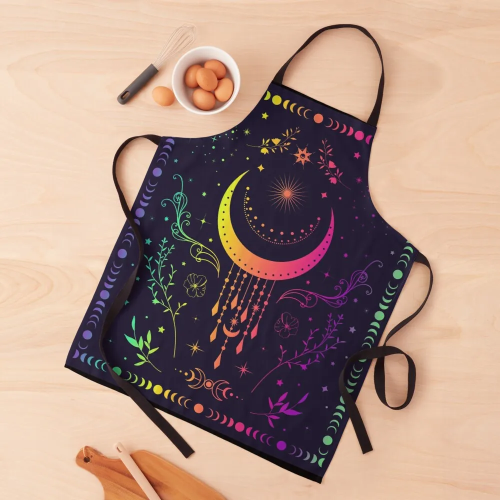 Rainbow Celestial crescent moon with floral accents and moon phase tie dye Apron oil proof apron apron for women cute kitchen