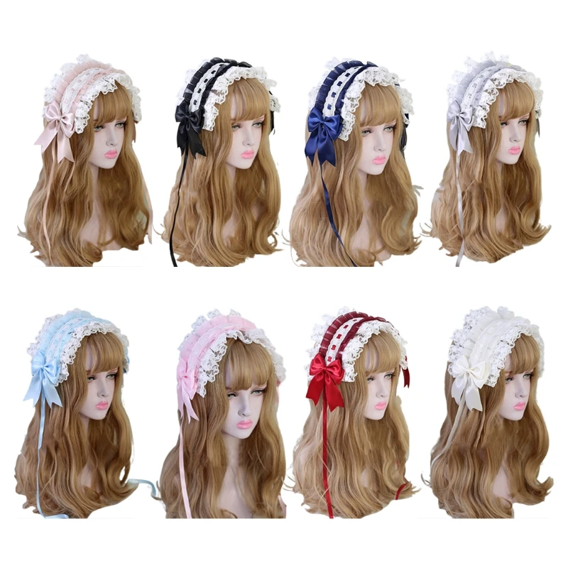 

Ruffled Headband Sweet Star Embroidery Lace Ribbon Bow Hairband with Hairpins Anime Maid Cosplay Headdress