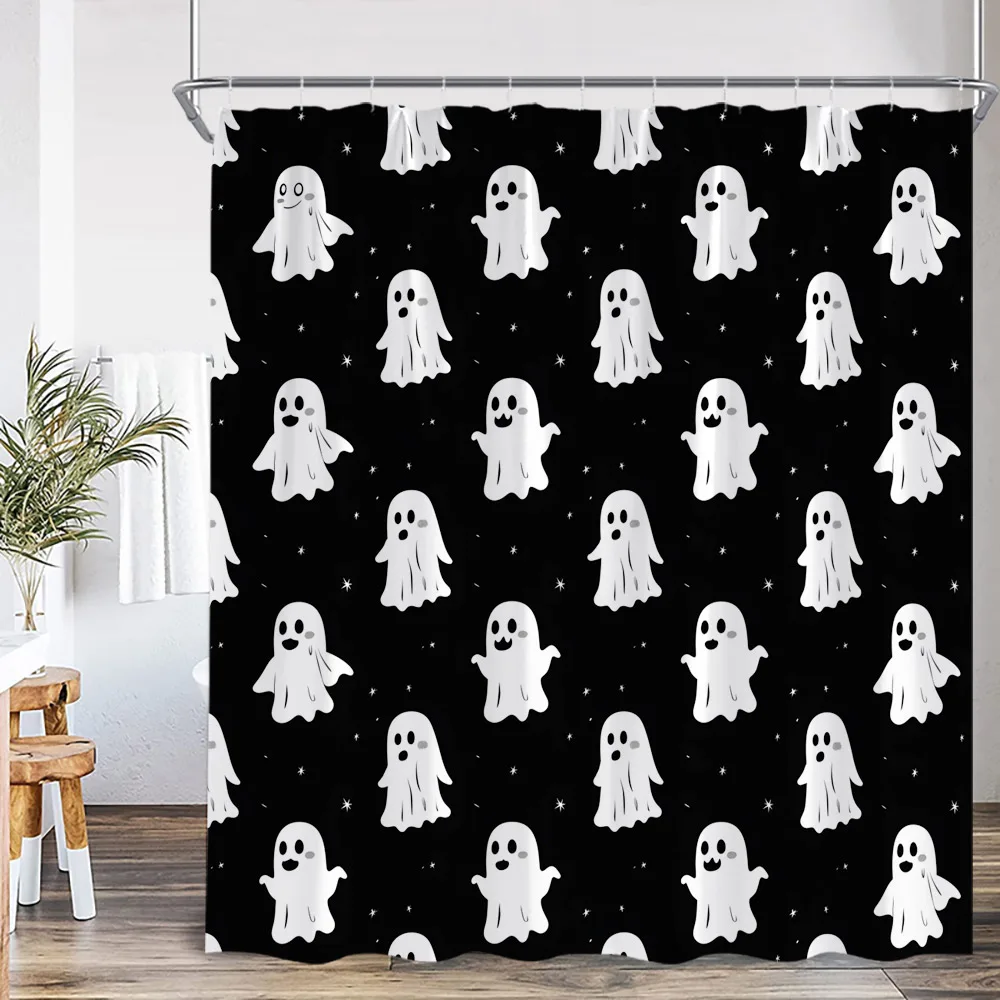 Cute Ghost Cartoon Pattern Shower Curtain Pumpkin Lantern Spectre Orange Pink Bathroom Decor Kid Happy Halloween Bathtub Curtain