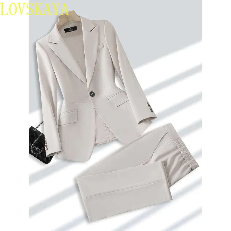 Women Formal Pant Suit Beige Khaki Pink Ladies Blazer Jacket +Trouser Fashion Office Business Work Wear 2 Piece Set