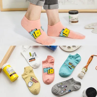 

5 Pairs Women's Socks Set Spring Summer Cartoon Cute Kawaii Shallow Mouth Ankle Socks Comfortable Sweat Absorbing Cotton Socks