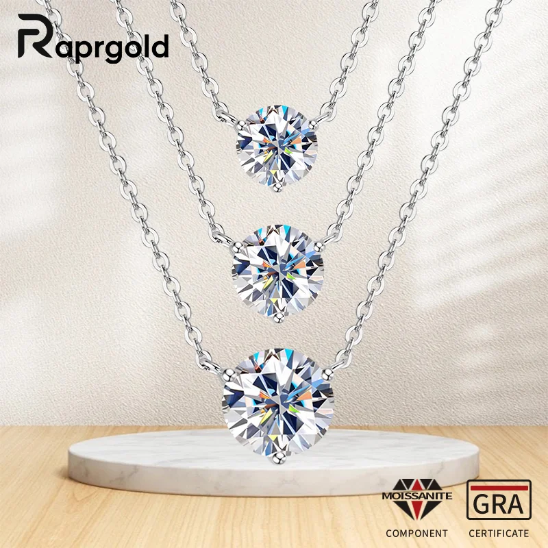 

RAPRGOLD GRA Certified Solitaire Round Moissanite Pendant Necklace for Women S925 Sterling Silver Chains Wedding Jewelry Gifts